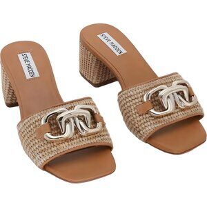 SANTANA Squares Toe Raffia Block Heel Mules for Women Size 8
